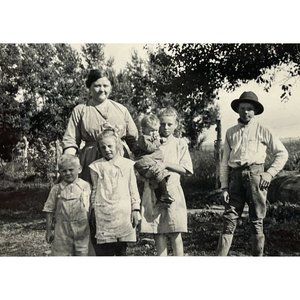 Family Portrait Found Photo Farm Life Snapshot Vintage 40s Outdoor Mother Kids